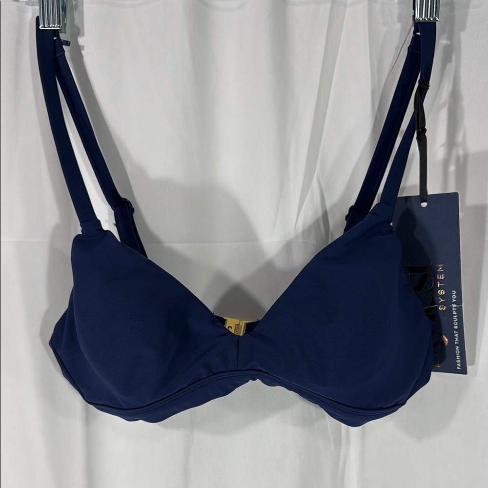 Navy Blue Bikini Top with Gold Metal Strap and Seamless Cups Size Small